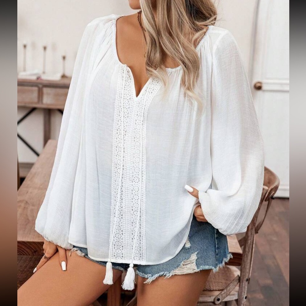 Boho Plus Size Sheer Oversized Floral Lace Long Sleeve Top Blouse Shirt White